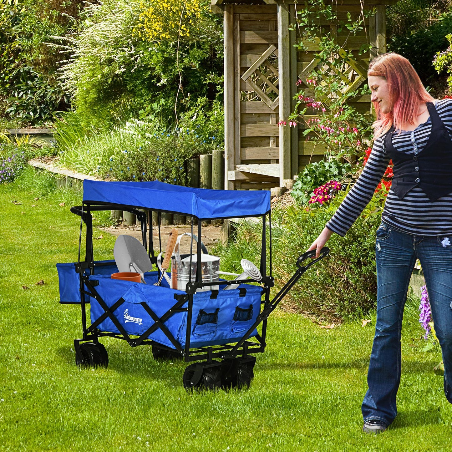 Folding Trolley Cart Storage Wagon Beach Trailer 4 Wheels with Handle Overhead Canopy Cart Push Pull For Shopping Camping, Spacious Design With Side Outer Pocket, Telescopic Pull Handle, Cup Holder, Steel Frame With 360° Rotating Wheels