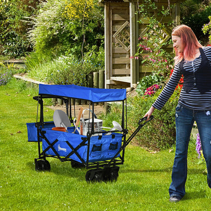 Folding Trolley Cart Storage Wagon Beach Trailer 4 Wheels with Handle Overhead Canopy Cart Push Pull For Shopping Camping, Spacious Design With Side Outer Pocket, Telescopic Pull Handle, Cup Holder, Steel Frame With 360° Rotating Wheels