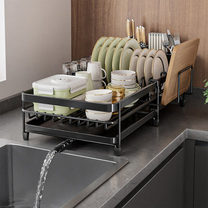 Adjustable Multi-Functional Dish Drainer Rack for the Kitchen, Wrought Iron Kitchen Utensil Rack, Large Capacity Storage Organiser with Drain Board, Utensil Rack, and Cup Hooks, Foldable Design to Save Space, Ideal for Drying Plates, Bowls, Pots, and Uten