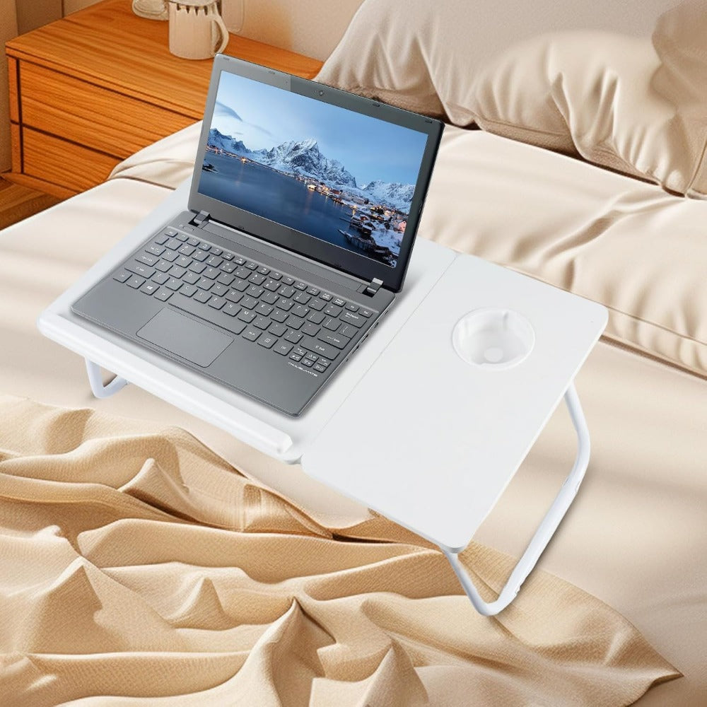 Foldable Laptop Desk, Adjustable Laptop Table with Cup Holder, Portable Bed Tray Table for Working, Reading, Eating, and Studying, Ergonomic Notebook Stand with Non-Slip Design