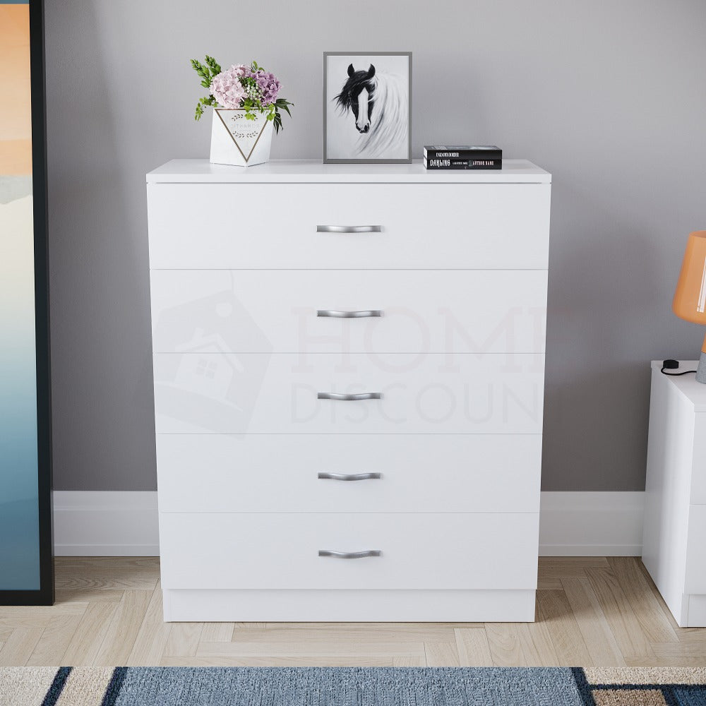 Chest of Drawers 5 Drawer Dresser with Metal Handles & Anti-Bowing Support, Bedroom Storage Furniture in White, Black, Grey & Pine – Spacious & Sturdy