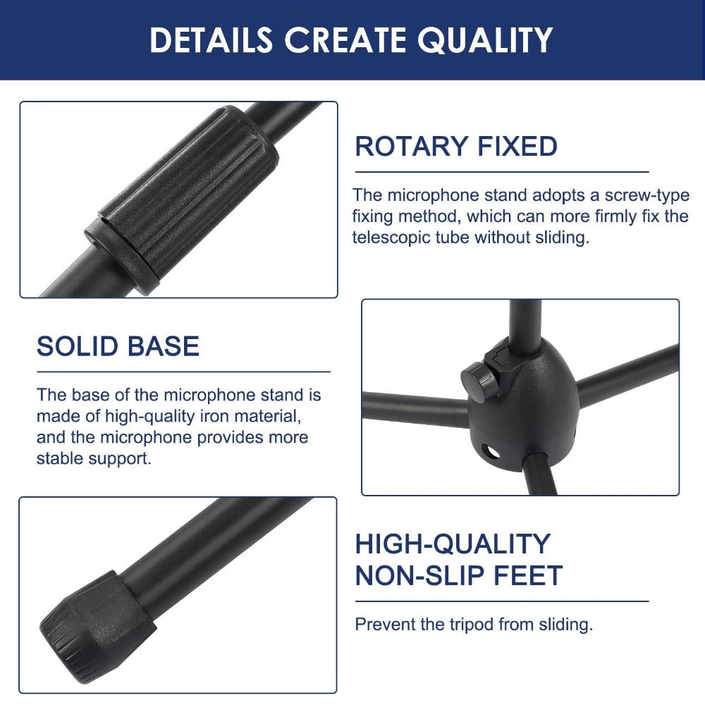 Microphone Stand Boom Adjustable Straight Collapsible Studio Holder with Free Tripod Telescoping Mic Clip Adapter Tripod Base for Musicians Party Stage Black