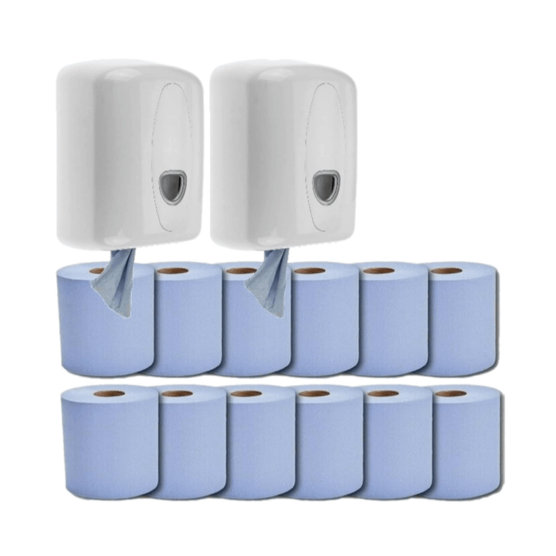2 Blue Centrefeed Dispensers with 12 Blue Paper Rolls – Wall-Mounted Wiping & Drying Solution