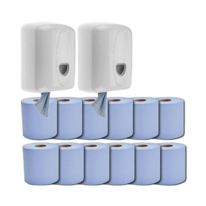 2 Blue Centrefeed Dispensers with 12 Blue Paper Rolls – Wall-Mounted Wiping & Drying Solution