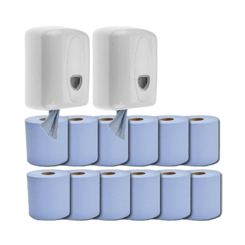 2 Blue Centrefeed Dispensers with 12 Blue Paper Rolls – Wall-Mounted Wiping & Drying Solution