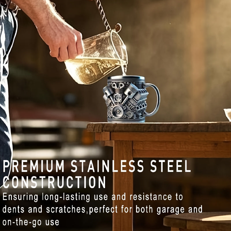 Stainless Steel Cup- V8 Engine Design, 15oz Handmade Durable& Stylish, Perfect for Car Enthusiasts