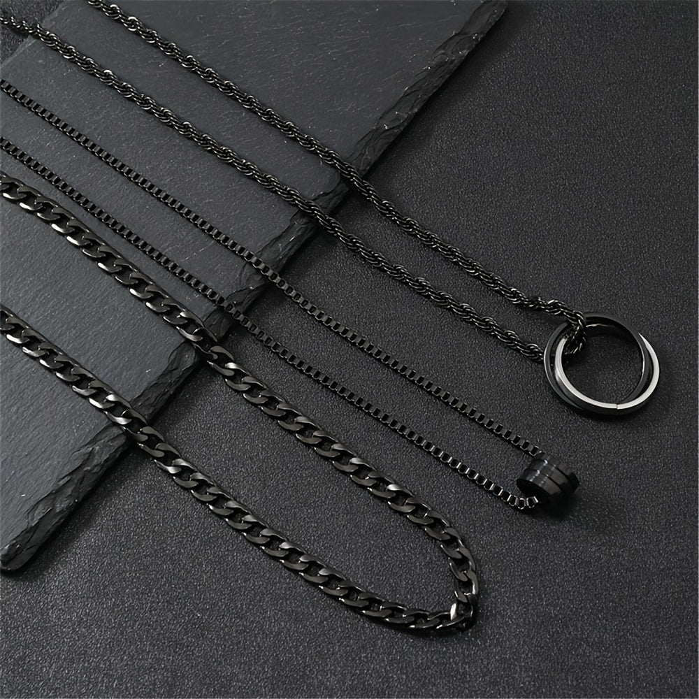 3pcs Black Stainless Steel Men's Cuban Link Twisted Chain Set, Suitable for Clothing Accessories