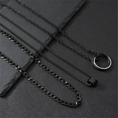 3pcs Black Stainless Steel Men's Cuban Link Twisted Chain Set, Suitable for Clothing Accessories