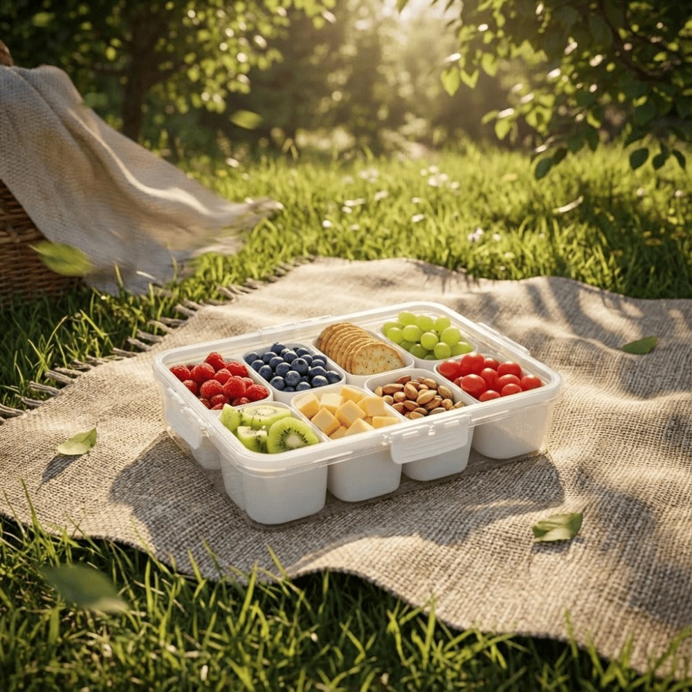 8-Compartment Snack Box with Lid & Handle – Reusable Divided Food Container for Parties, Picnics, Meal Prep & Freezer Storage