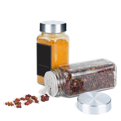 Square Glass Spice Jars 120ml Airtight Set of 12 or 24 with 3 Lid Types Black Labels Marker Pen Funnel & Brush Seasoning Storage