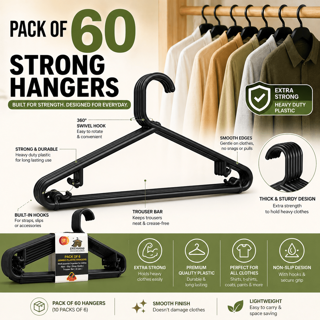 STL Adult Plastic Coat Hangers (60pcs/Black) - Premium Space-Saving Wardrobe Organizer with Strap Hooks and Secure Lip