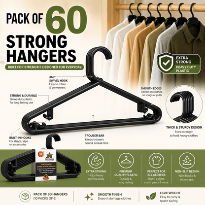 STL Adult Plastic Coat Hangers (60pcs/Black) - Premium Space-Saving Wardrobe Organizer with Strap Hooks and Secure Lip