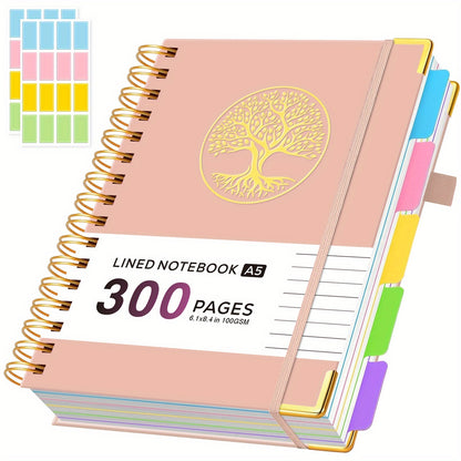 A5 Spiral Notebook with Dividers, 5 Subject Notebook with 300 Pages/150 Sheets 100GSM Lined Paper, No Bleed, 5 Project Notepad for Writing Note Taking, School Office Supplies, 14.7 X 21cm, Back to School