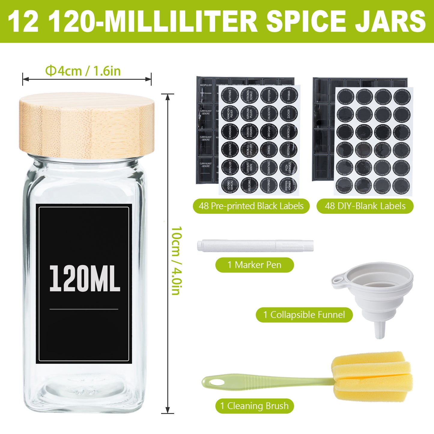 Square Glass Spice Jars 120ml Airtight Set of 12 or 24 with 3 Lid Types Black Labels Marker Pen Funnel & Brush Seasoning Storage