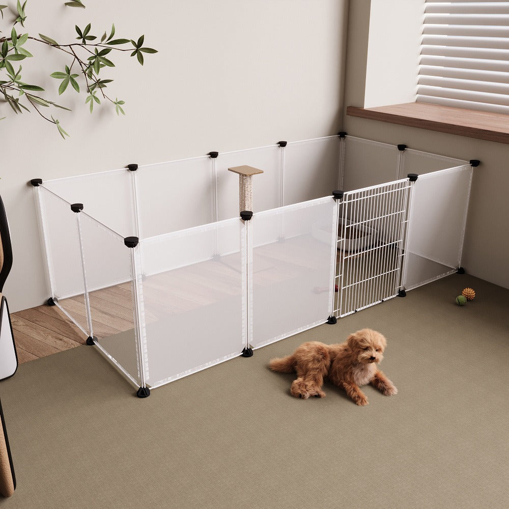 Clear Plastic Dog Playpen 12 Panel with Door – Transparent Modular Indoor Dog Pen 149x70x45cm, Safe Puppy Enclosure for Small & Medium Dogs, Living Room & Bedroom