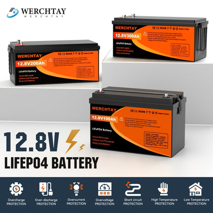 WERCHTAY 12.8V Lifepo4 Battery 300/200/100Ah, Equipped with A+ Grade Battery Cells, 25000+ Deep Cycles, Intelligent BMS Overcharge/Overdischarge Protection, for Home Energy Storage, Outdoor Rvs, Off-Grid Solar Applications