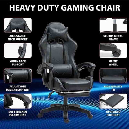 Gaming Chair with Footrest & Lumbar Support – Ergonomic Reclining Office Chair with Optional Massage, 120kg Capacity, High Back Swivel