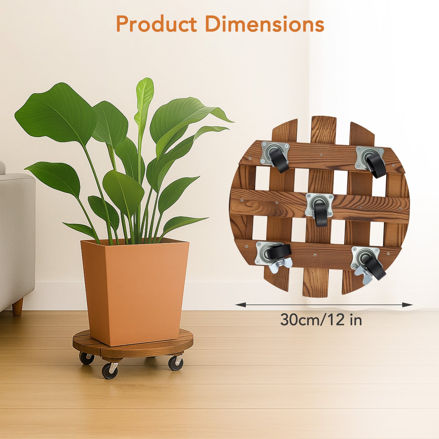 2 Pack Wooden Plant Caddy with Wheels 30cm Round Rolling Plant Stand with Metal Lockable Caster Wheels Heavy Duty Mobile Plant Holder Plant Dolly for Indoor Outdoor Garden Decor