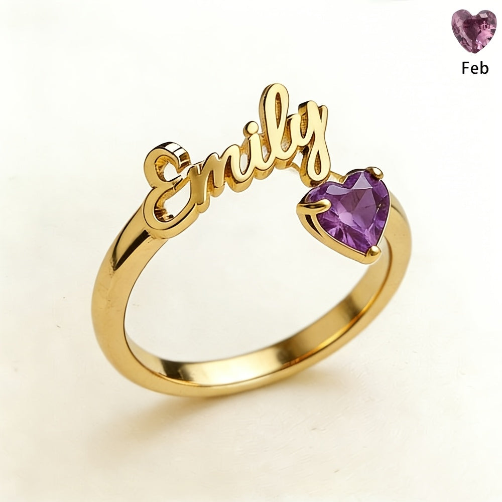 Personalized Heart Birthstone Ring, Custom Birthstone Golden Name Ring, Stainless Steel Elegant Nameplate Open Ring, Best Birthday Gift for Her, Birthstone Jewelry, Light Issues May Cause Color Differences in Birthstones