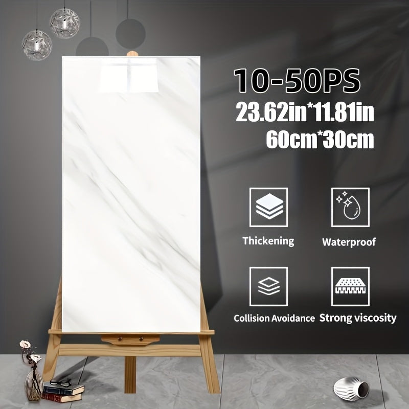 10-50pcs Marble Pattern Self-Adhesive Wall Decor Stickers, Glossy Finish, Washable Crystal Plastic Surface Recommended, Rectangle Waterproof And Oil Resistant Vinyl Wall Panels for Kitchen Bathroom Decor, for Halloween Christmas