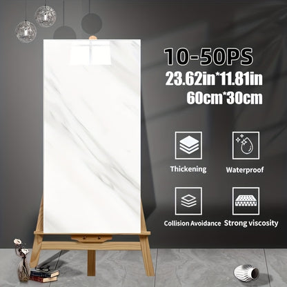 10-50pcs Marble Pattern Self-Adhesive Wall Decor Stickers, Glossy Finish, Washable Crystal Plastic Surface Recommended, Rectangle Waterproof And Oil Resistant Vinyl Wall Panels for Kitchen Bathroom Decor, for Halloween Christmas