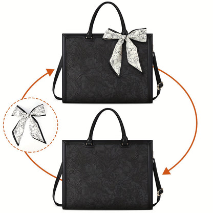 [Laptop Bag 15.6 Inch] Women's Laptop Bag 15.6 Inch Tote Faux Leather Computer Business Lightweight Office Briefcase Large Capacity Handbag Shoulder Black
