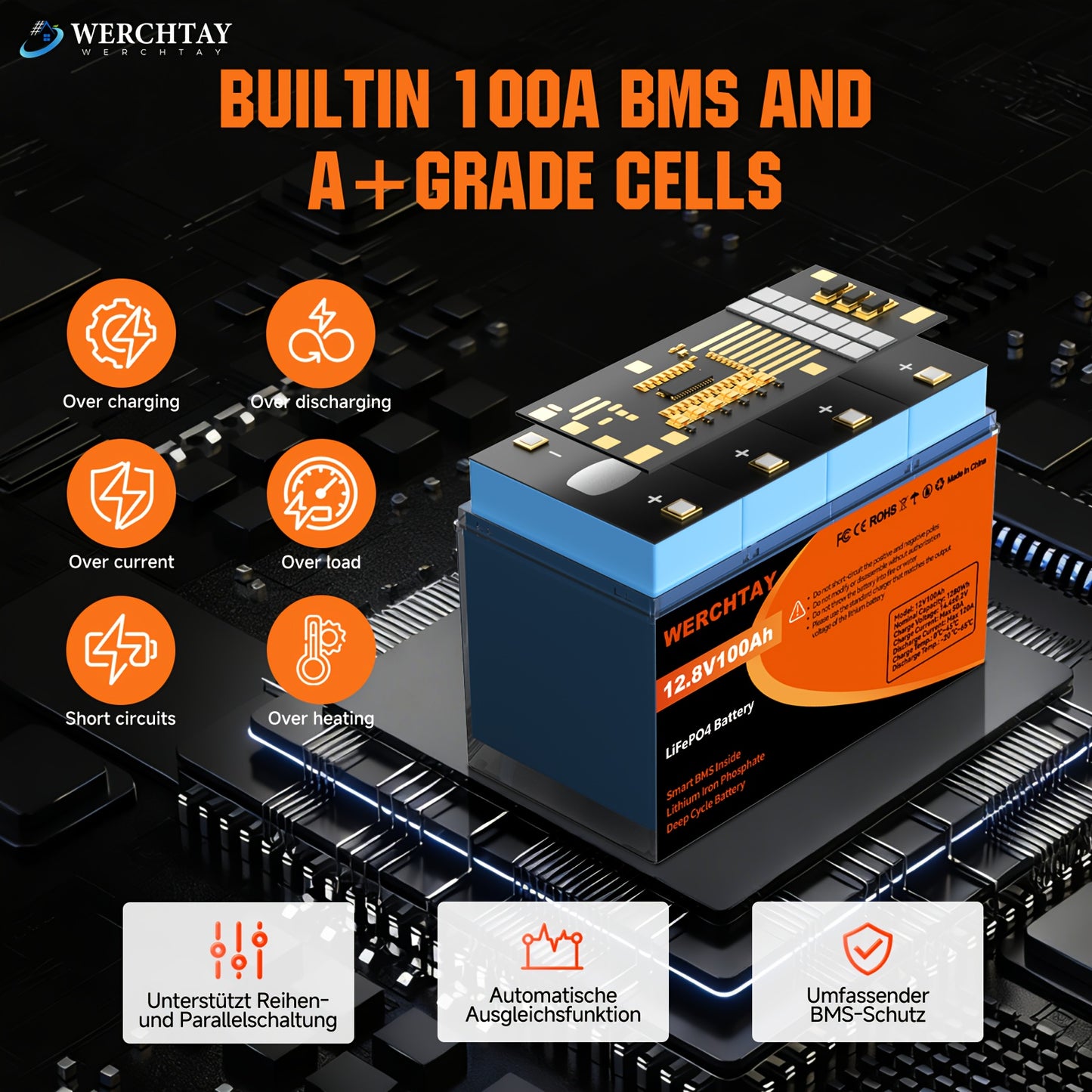 WERCHTAY 12.8V Lifepo4 Battery 300/200/100Ah, Equipped with A+ Grade Battery Cells, 25000+ Deep Cycles, Intelligent BMS Overcharge/Overdischarge Protection, for Home Energy Storage, Outdoor Rvs, Off-Grid Solar Applications