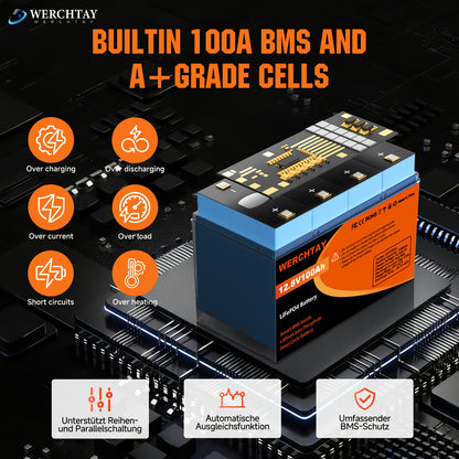 WERCHTAY 12.8V Lifepo4 Battery 300/200/100Ah, Equipped with A+ Grade Battery Cells, 25000+ Deep Cycles, Intelligent BMS Overcharge/Overdischarge Protection, for Home Energy Storage, Outdoor Rvs, Off-Grid Solar Applications