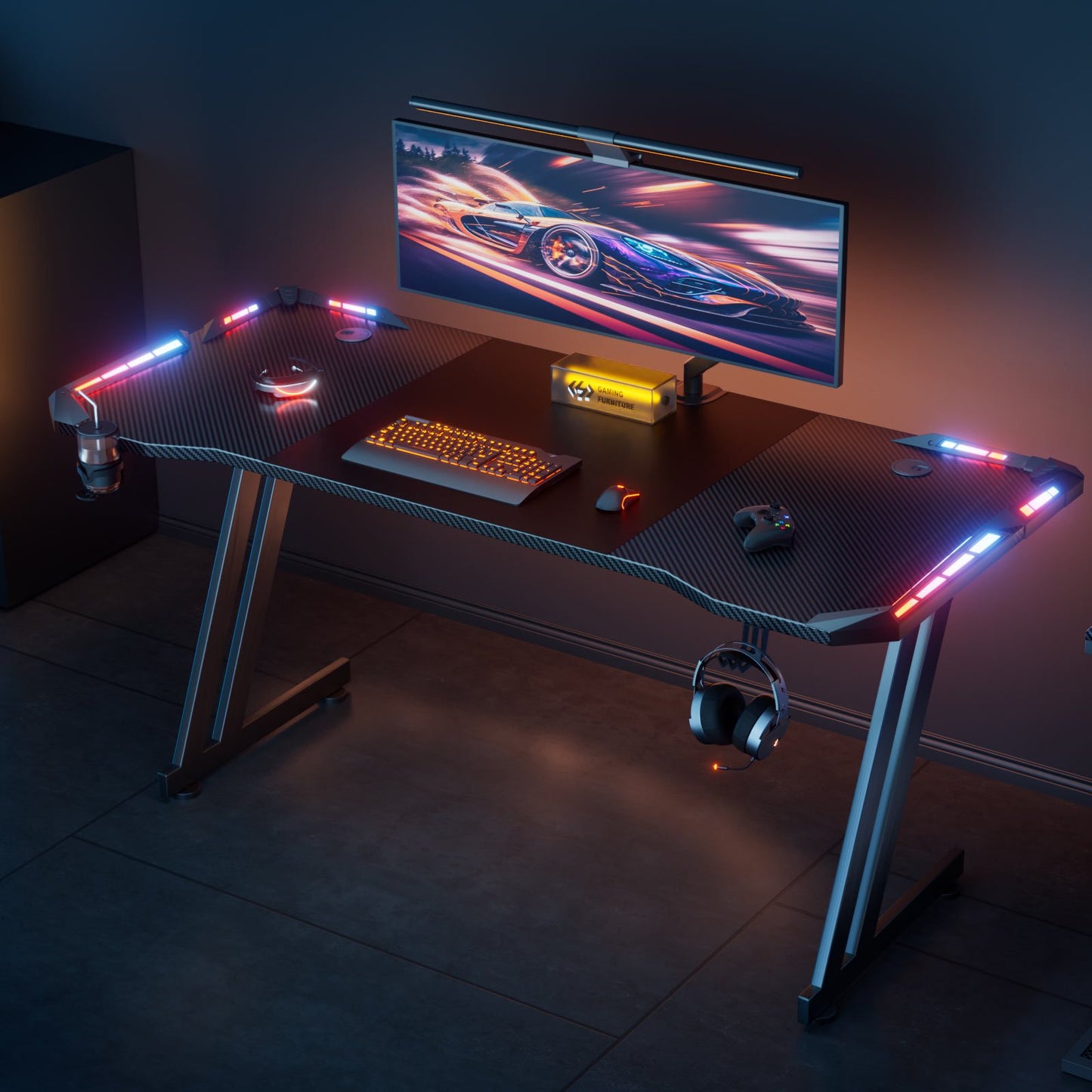 RGB Gaming Desk with LED Lights and Mouse Pad, Large Ergonomic Computer Desk with Cup Holder & Headphone Hook,Modern Carbon Fiber Design for PC Gaming & Home Office,Black
