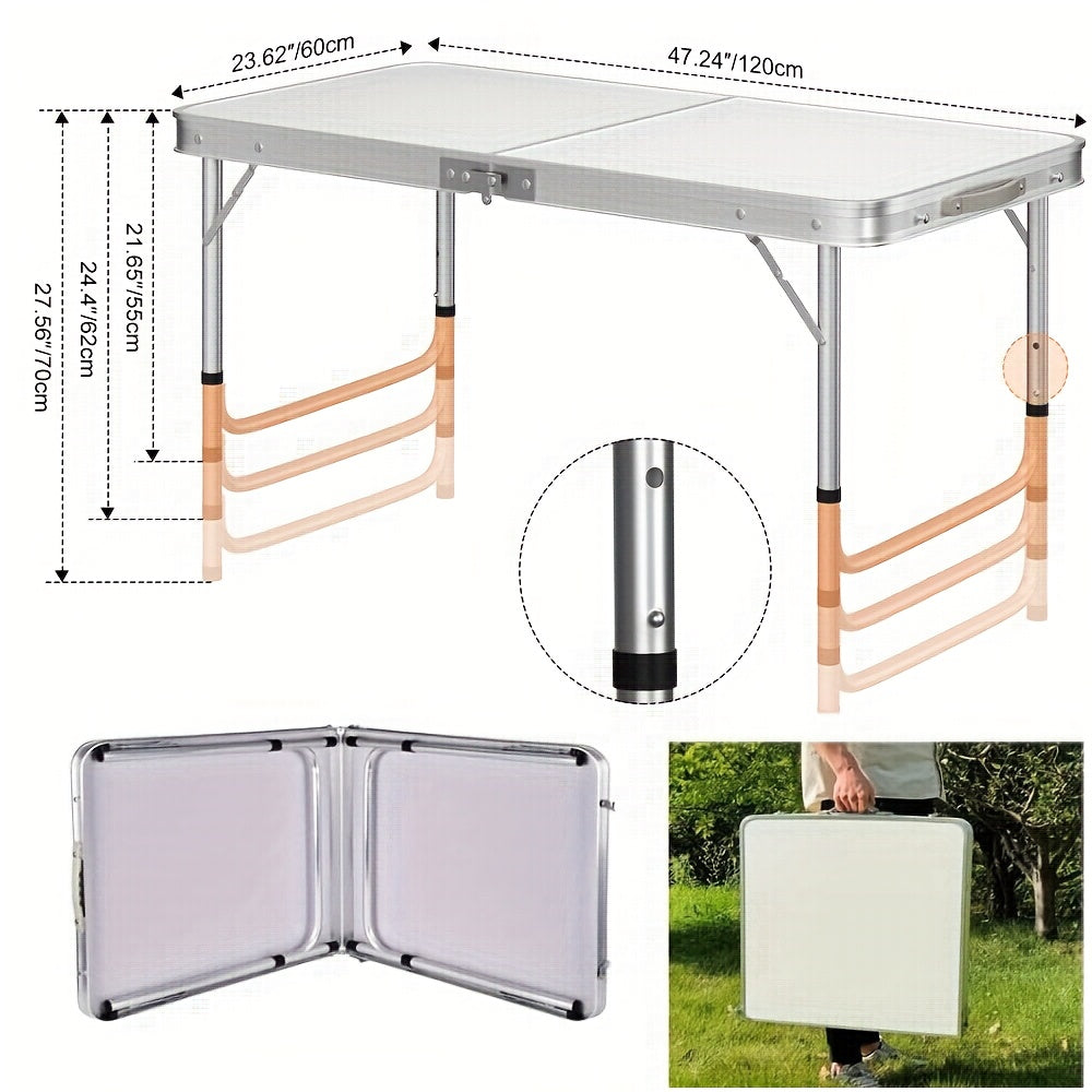 Folding Picnic Table Aluminum Camping Table Lightweight 3 Gear Adjustable Height Portable Folding Table with Carry Handle Adjustable Garden Outdoor Picnic Table Kitchen Work Top Table, White, 120x60x70/62/55cm