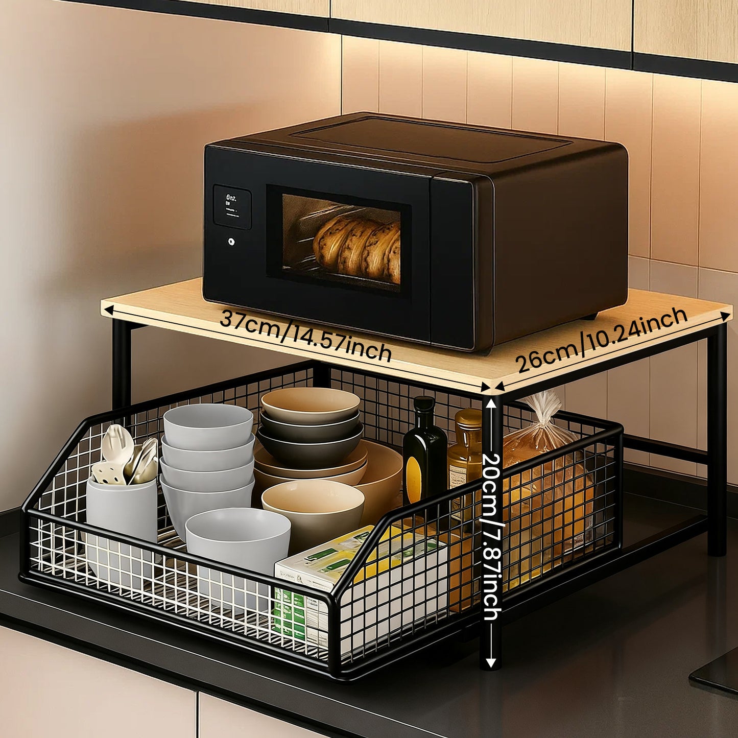 Space-Saving Kitchen Countertop Storage Rack with Drawers And Metal Baskets - Sturdy And Durable Double-Layer Metal Storage Rack for Cookware, Tableware, And Condiments - Modern Black And White Design.
