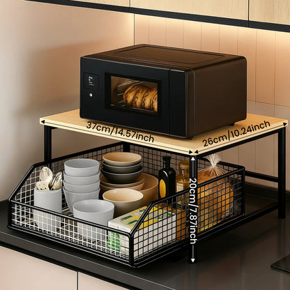 Space-Saving Kitchen Countertop Storage Rack with Drawers And Metal Baskets - Sturdy And Durable Double-Layer Metal Storage Rack for Cookware, Tableware, And Condiments - Modern Black And White Design.