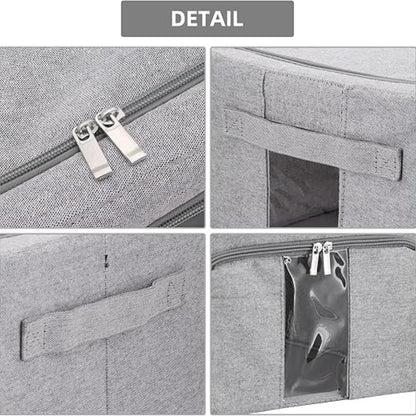66L Foldable Storage Box with Clear Windows - Extra Thick Cotton Linen Fabric Organizer Bins | Space-Saving Stackable Design for Clothes, Blankets & Bedding Storage (Zipper Closure, Wardrobe Essential)
