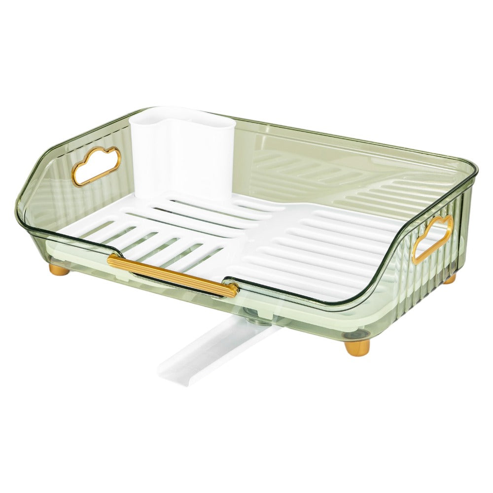 1pc Dish Drying Rack with Handle & Drainboard - Space-Saving Compact Design with Utensil Holder, Durable Plastic Construction, Easy to Clean & Move - Over Sink or Countertop Use for Small Kitchens, Apartments, RVs - Modern White & Golden Kitchen Organizer