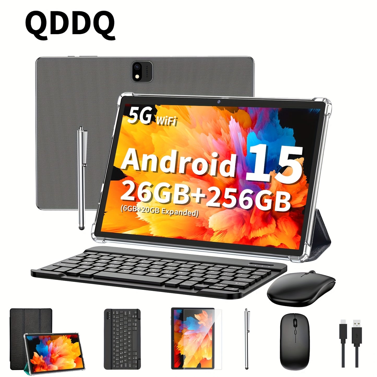 QDDQ 10.1"Android 15 Tablet, 2-In-1 Tablet with Keyboard, Wireless Mouse, Case, Stylus, 26GB(6+20GB Expanded) for RAM, 256GB Storage, Supports Expansion of 1TB (TF Card Not Included), FHD IPS LED Screen, 5+8MP Dual Camera, Wireless, Tablet, Pad