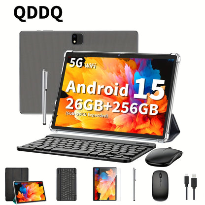 QDDQ 10.1"Android 15 Tablet, 2-In-1 Tablet with Keyboard, Wireless Mouse, Case, Stylus, 26GB(6+20GB Expanded) for RAM, 256GB Storage, Supports Expansion of 1TB (TF Card Not Included), FHD IPS LED Screen, 5+8MP Dual Camera, Wireless, Tablet, Pad