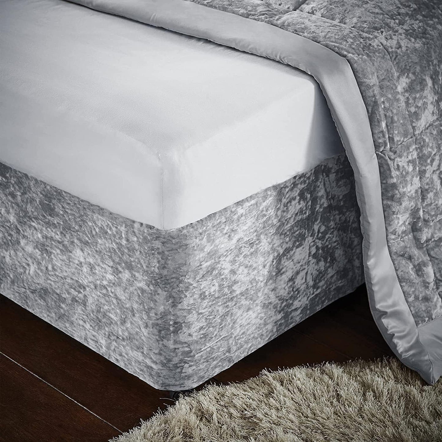 Elegant Silver Grey Crushed Velvet Wrap Around Bed Skirt - 40CM Extra Deep Bedbase Cover for Bedroom Guest Room with Adjustable All Around Elastic for Easy Fit - Soft, Breathable, and Dust-Repelling