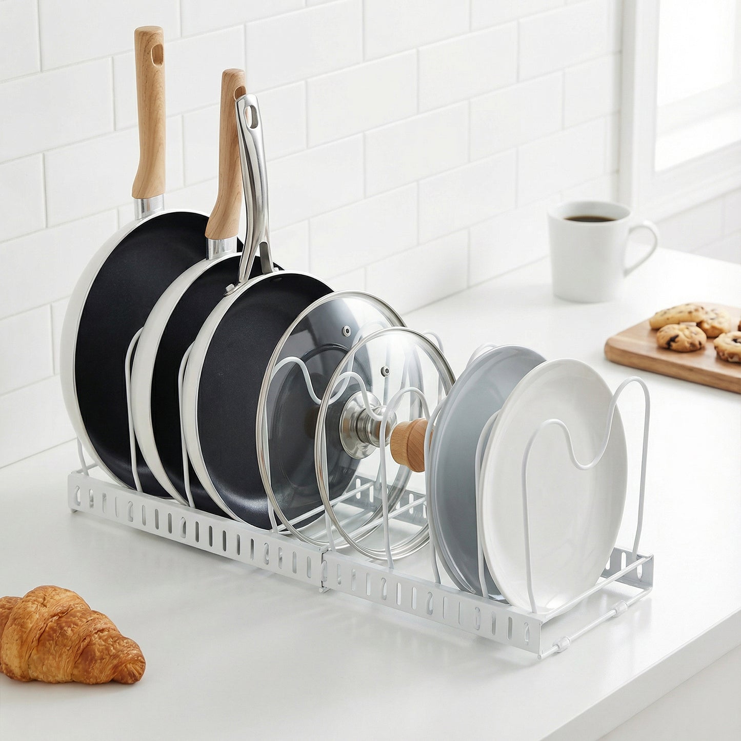 1 Set Pot and Pan Organizer Rack with 10 Adjustable Dividers – Expandable Kitchen Cabinet Storage for Lids, Dishes, Cookware – Bakeware Rack for RV & Home