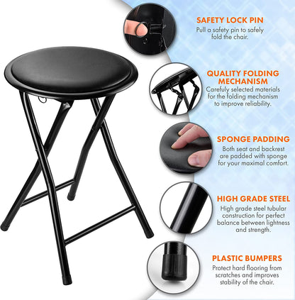 BLACK WHITE FOLDING STOOL ROUND FOLDABLE METAL SPACE SAVING STOOLS PADDED SEAT