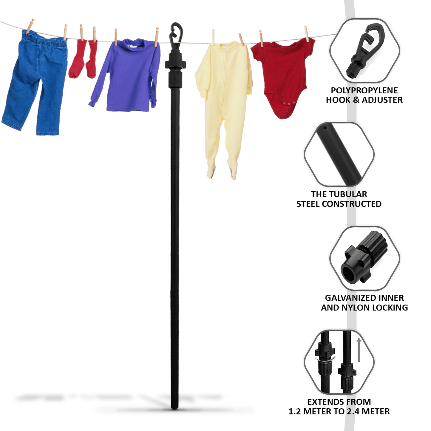 Telescopic Washing Line Prop Pole Clothesline Heavy Duty Garden Dry Clothes Drying Airer Support Clothes Line Pole Galvanised Laundry Outdoor Washing Line Poles Extendable 1.2 to 2.4M, Clotheslines