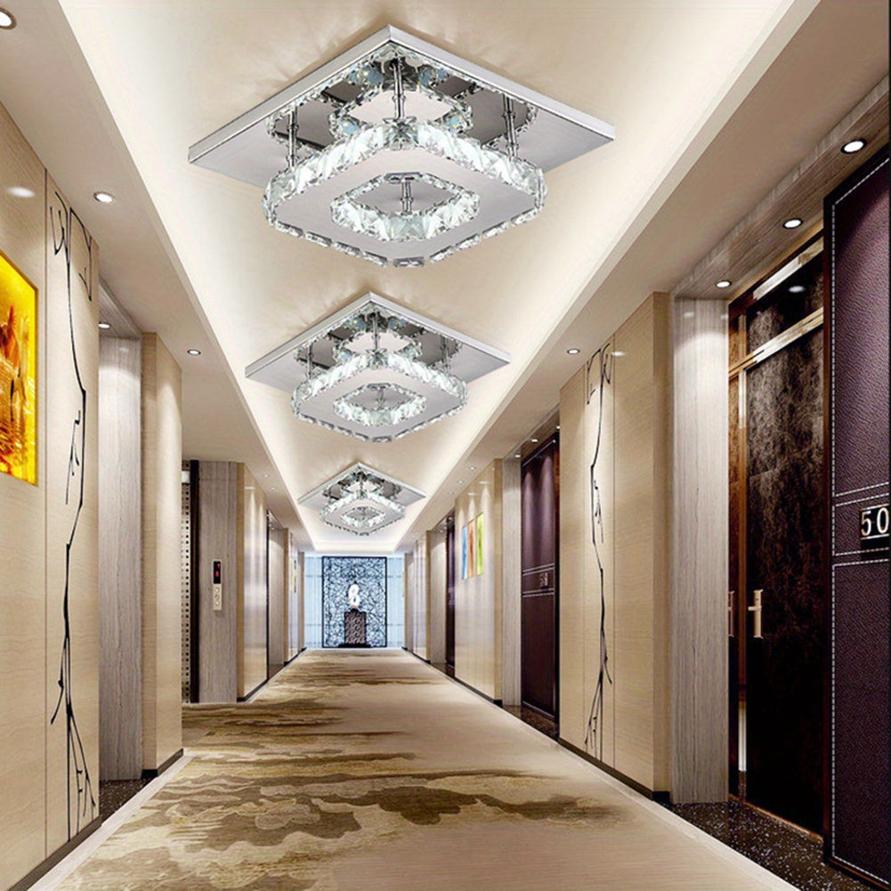 Contemporary Mini Crystal Chandelier, Square Single-layer LED Crystal Ceiling Light, Plain Crystal Ceiling Lighting Chrome Crystal Pendant, 12W 6000K Cold White Light, for Living Room Kitchen Office Bedroom Dining Room Island, 21*21cm/ 8.27*8.27inch.