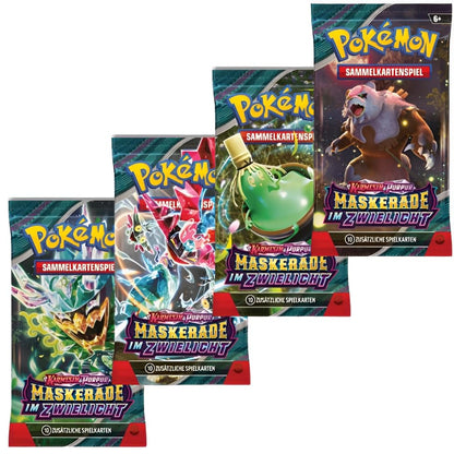 4-Pack Pokémon Booster Set - Masquerade in Twilight Booster Crimson & Purple - with 4 Boosters and 10 Cards - GERMAN