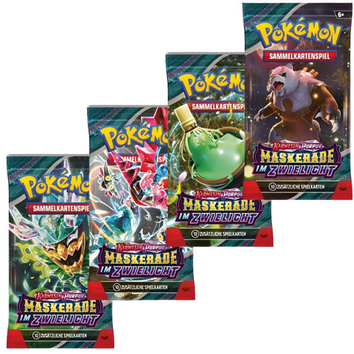 4-Pack Pokémon Booster Set - Masquerade in Twilight Booster Crimson & Purple - with 4 Boosters and 10 Cards - GERMAN