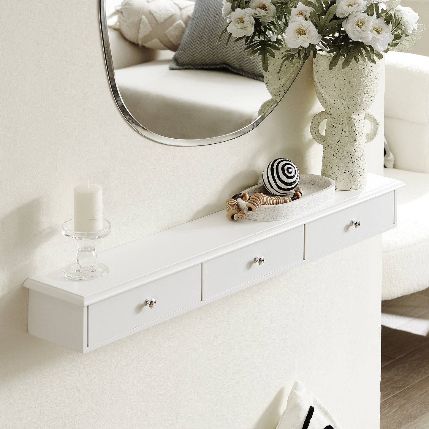 1pc Wall Shelf with 3 Drawers - Modern Suspension Shelf for Entrance, Living Room, Kitchen And Bedroom - White 94X15X10Cm - GSH54-M-X