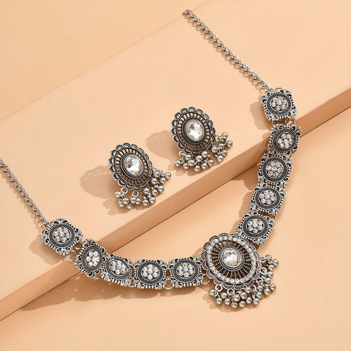 1 Necklace + 1 Pair of Earrings, Indian Bohemian Style Luxury Fringe Heavywork Women's Necklace and Earrings Set