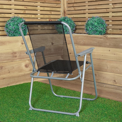 Pack of 2 Foldable Garden Chairs Powder-Coated Grey Metal Frame Black Fabric Seat Lightweight Portable Outdoor Folding Chair