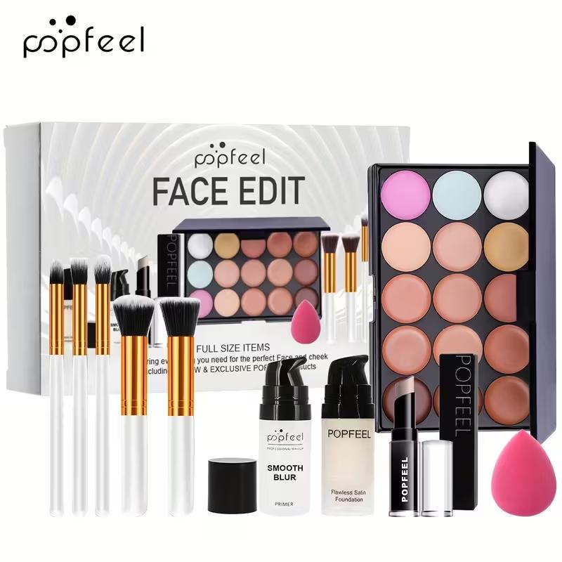 POPFEEL Full Face Makeup Kit, includes facial editing palette - waterproof, sweatproof, long-lasting full coverage, 12-in-1 multi-functional palette containing primer, foundation, concealer, setting powder, blush, contour, highlighter, bronzer, eyeshadow,