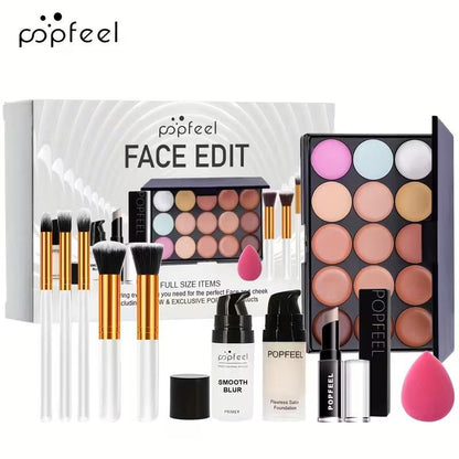 POPFEEL Full Face Makeup Kit, includes facial editing palette - waterproof, sweatproof, long-lasting full coverage, 12-in-1 multi-functional palette containing primer, foundation, concealer, setting powder, blush, contour, highlighter, bronzer, eyeshadow,