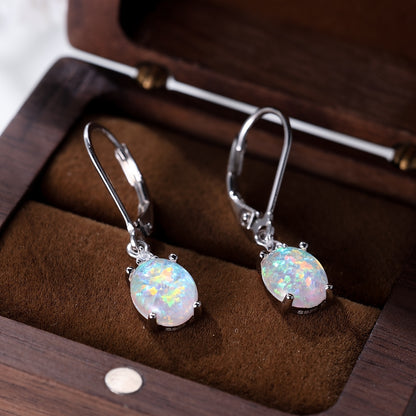 [Green Fire Opal Dangle Earrings] S925 Round-Cut Opal Dangle Earrings - Rhodium Plated Leverback Gemstone Drop Earrings 2.2G - Green Fire Opal Women Jewelry