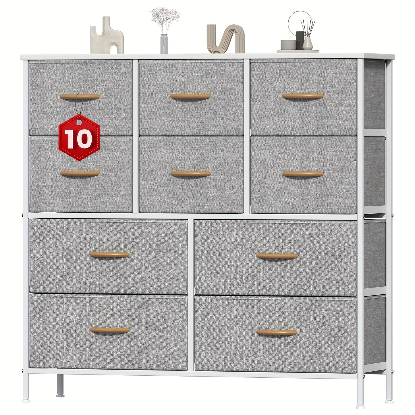 A 10-Drawer Dresser Featuring a Robust Metal Structure, MDF Wood Surface, Fabric Drawers, Adjustable Legs, And Anti-Tip Safety Measures - Perfect for Organizing Storage in a Bedroom, Closet, Living Room, Or Office